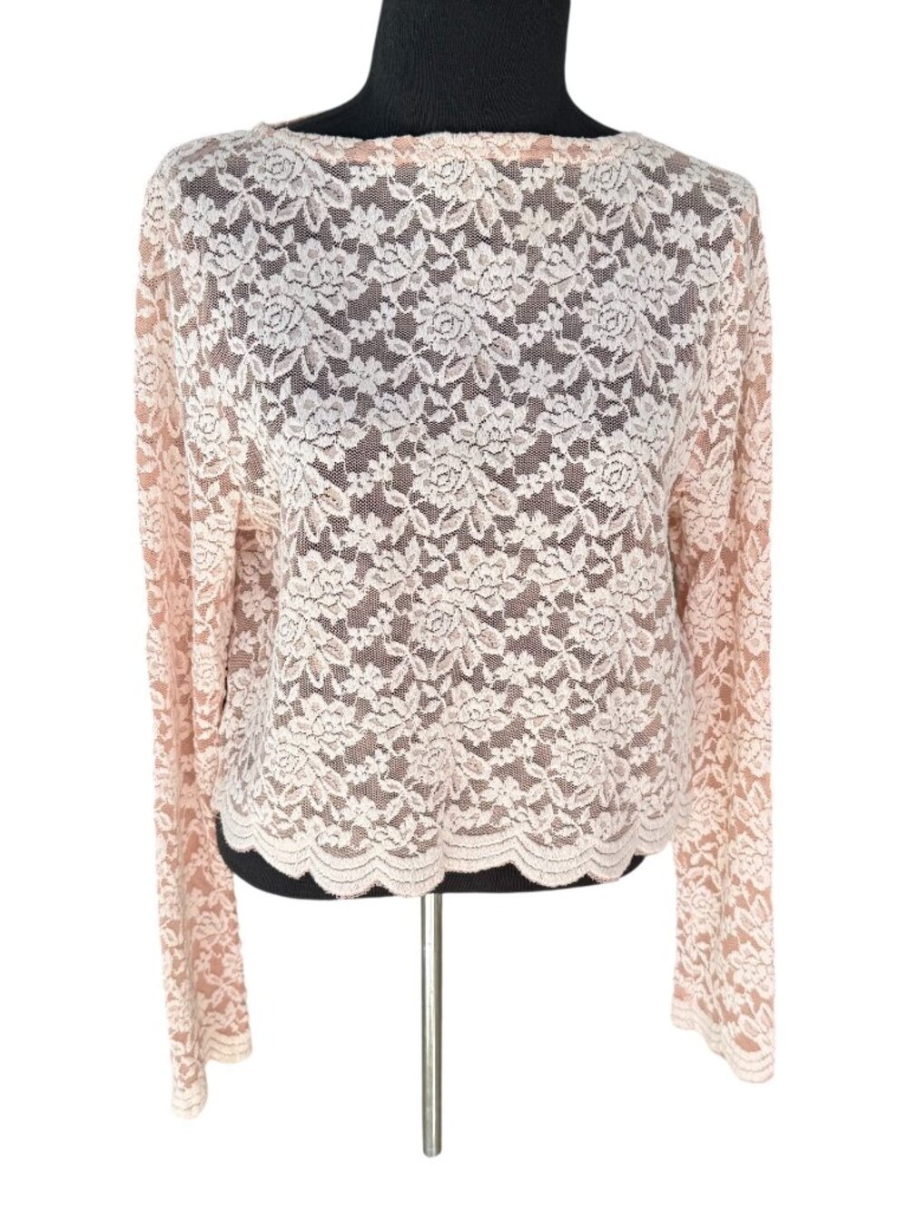 O2 Collection Lace Blouse Crop Top Long-Sleeve Sheer Blush Baby Pink Size L Y2K